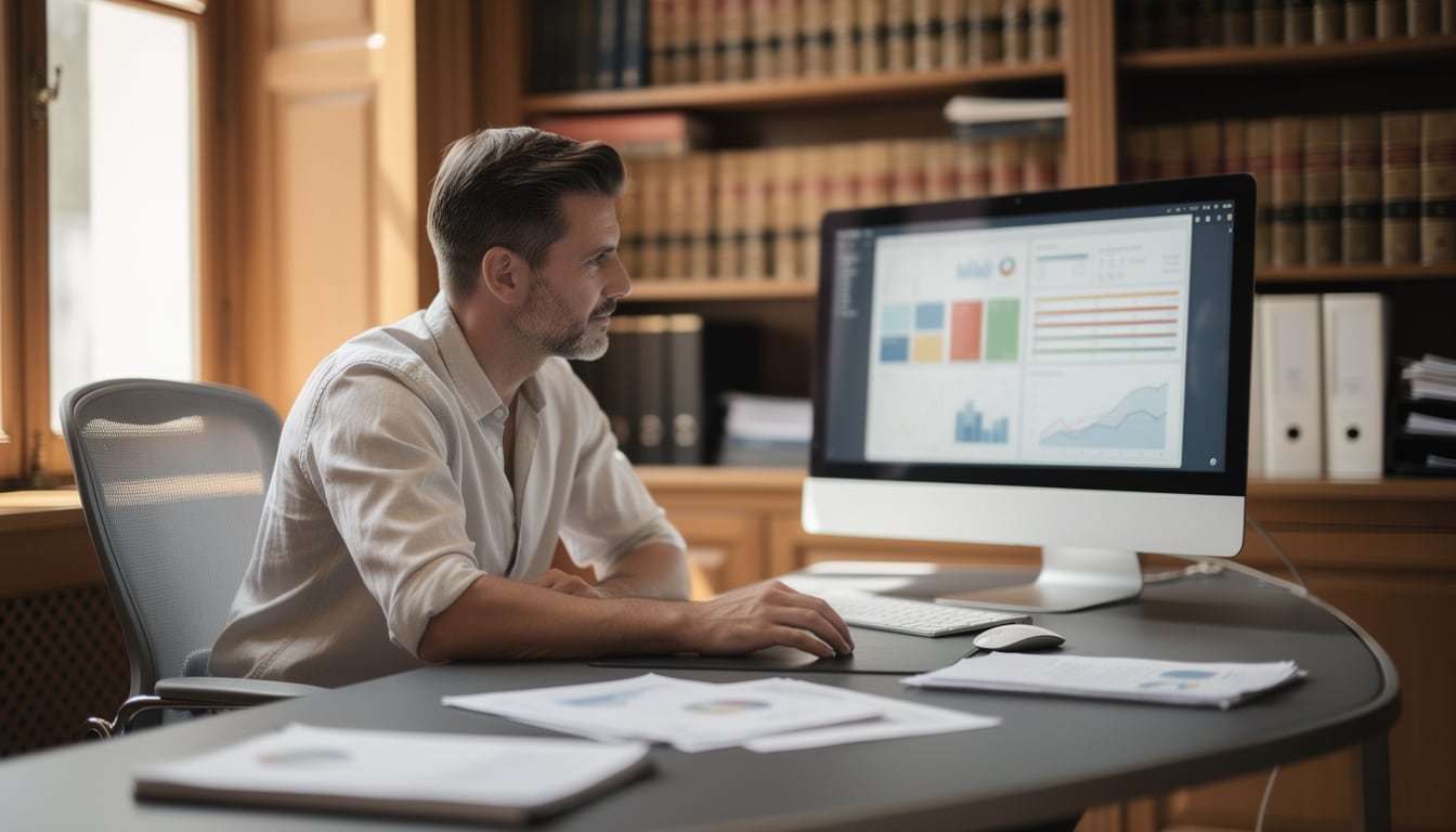 Négociateur immobilier en étude notariale sur son logiciel de négociation sur son écran d'ordinateur